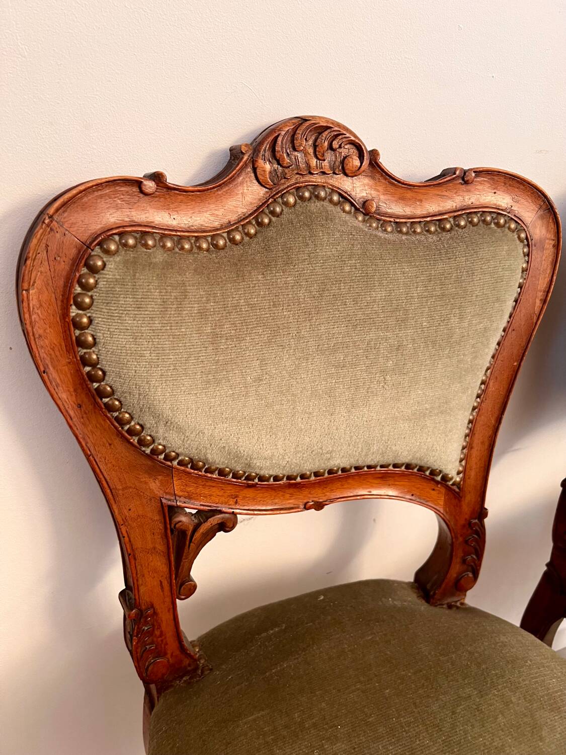 Lot 2 old Louis XV style carved solid walnut chairs late 19th century