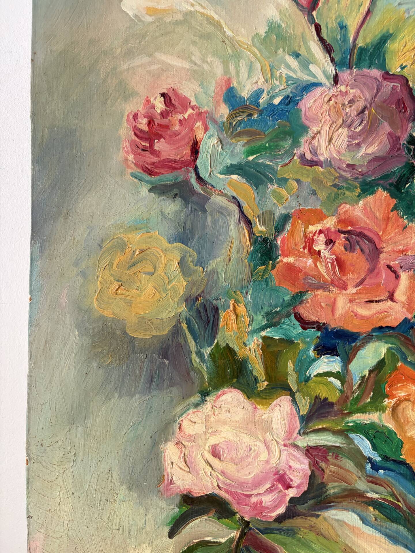 Roses, oil on panel signed Frigola 1965