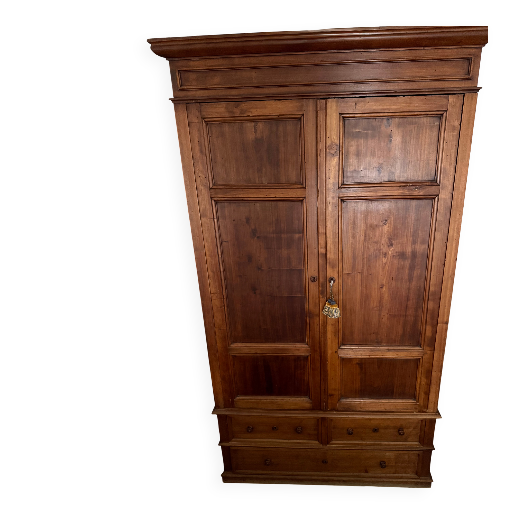 Antique solid wood wardrobe, rustic, with drawers and original key.