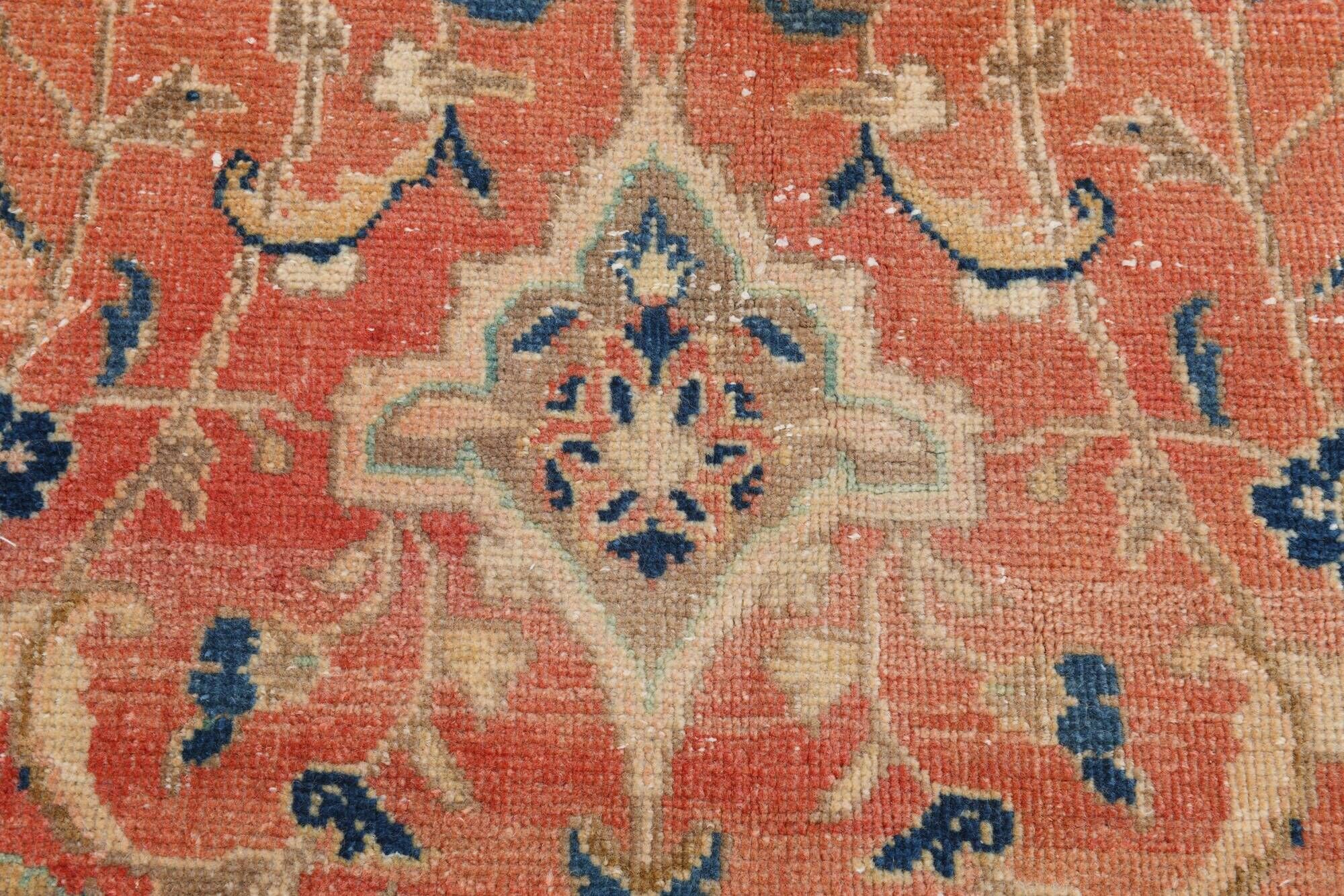 Vintage Turkish wool rug in terracotta beige with flowers, 10 × 13 feet.