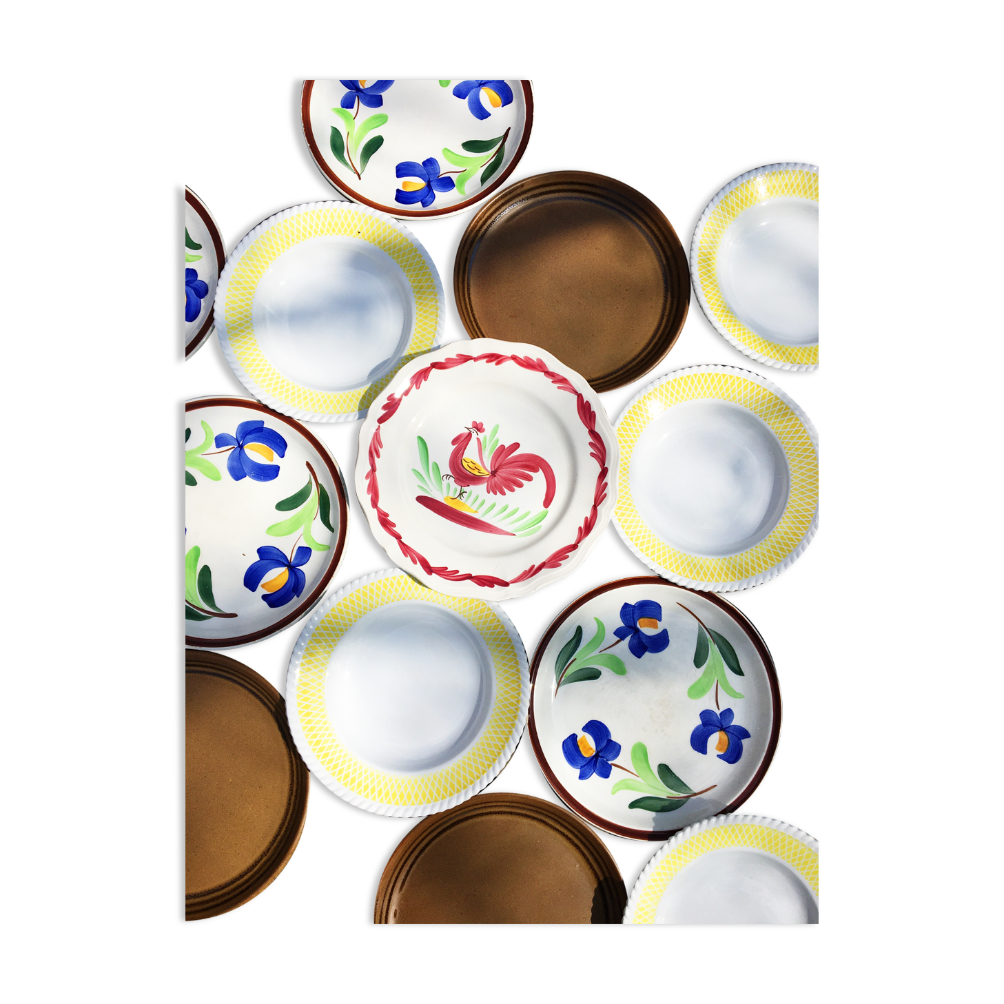 6 yellow and white plates