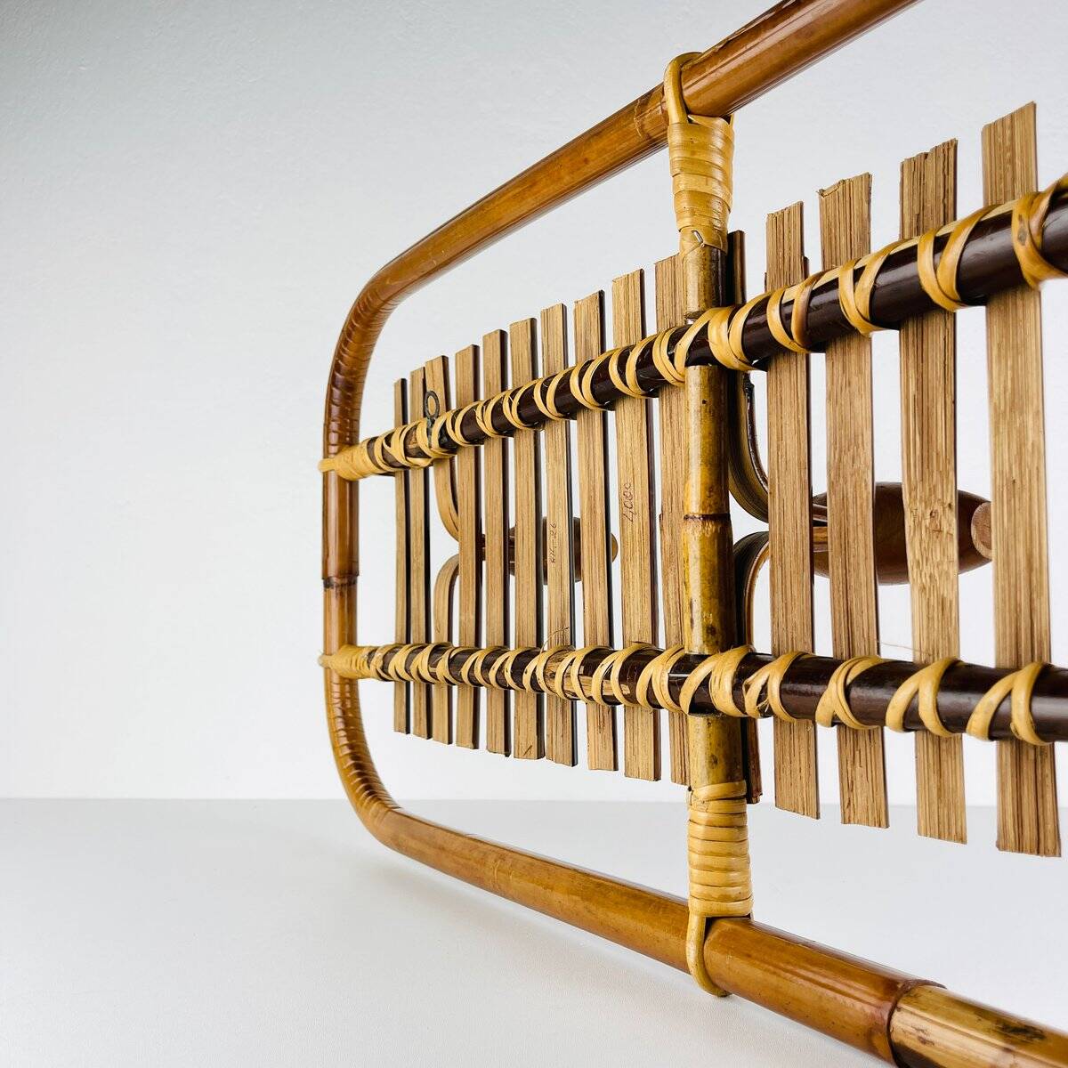 Bamboo and rattan coat rack in mid-century style attributed to Olaf Von Bohr, Italy, 1950s.