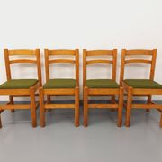 Set of 4 vintage chairs in pine and khaki green bouclette fabric from the 70s