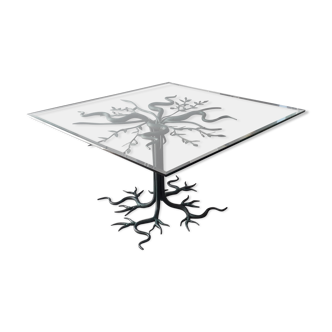 Table basse pied en forme d'arbre en fer forgé et plateau en verre