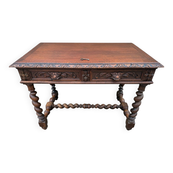 Bureau De Style Louis XIII à Pieds Torsades En Chêne Massif, Table De — Beyit