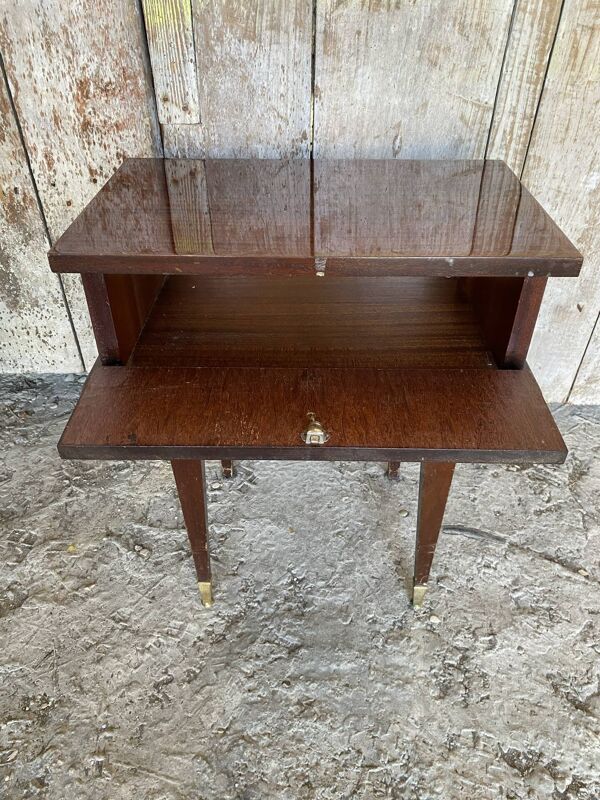 Chevet Ancien Table Nuit Placage Bois Verni Tiroir Mid-Century Vintage
