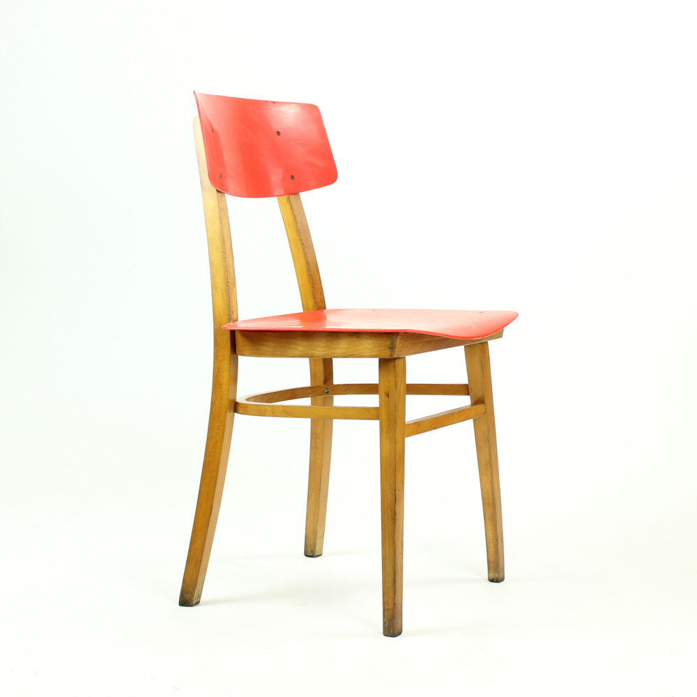 Midcentury chair in red and beech wood, Czechoslovakia circa 1960