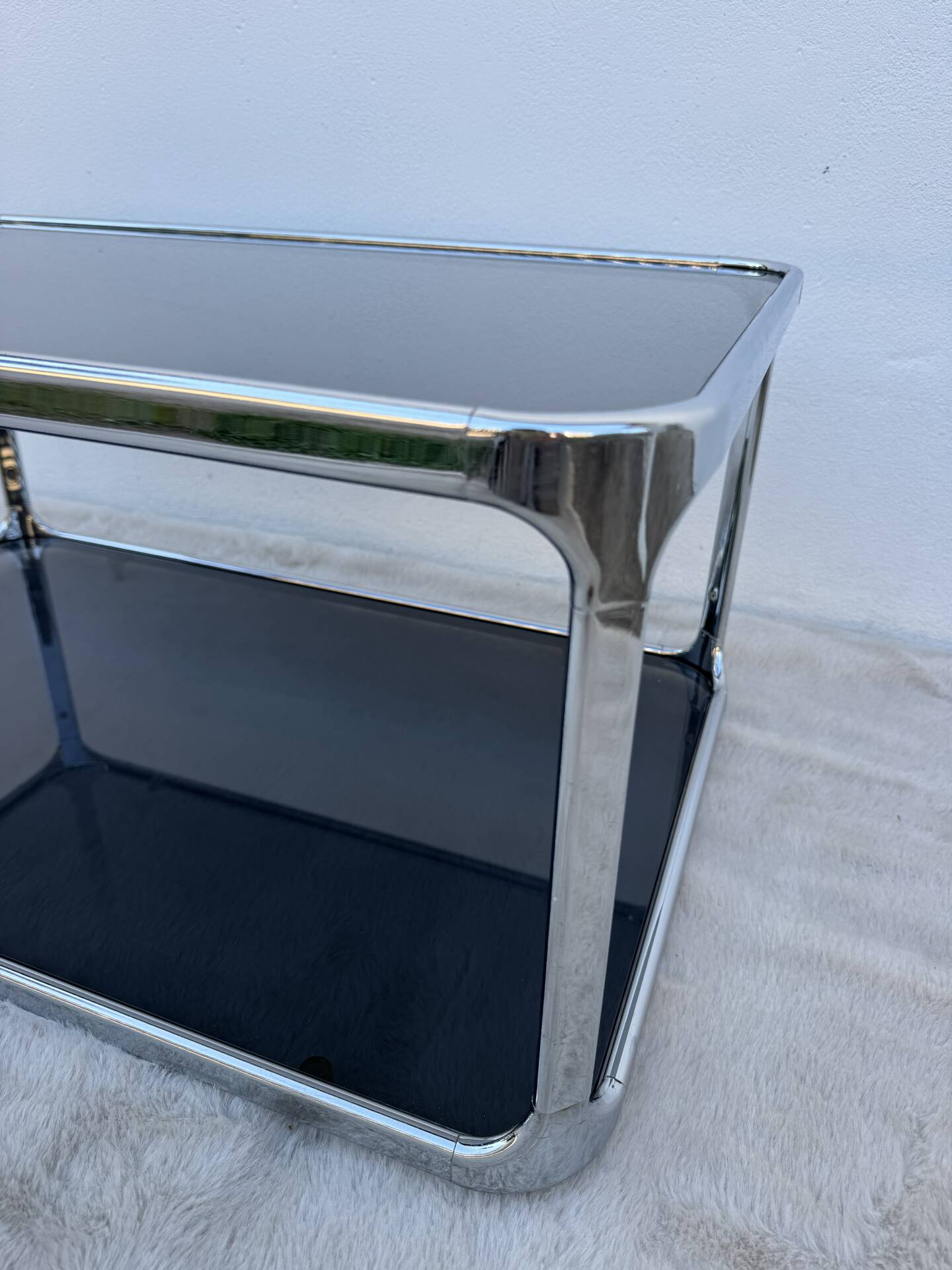 Chrome and smoked glass coffee table from the 1970s.