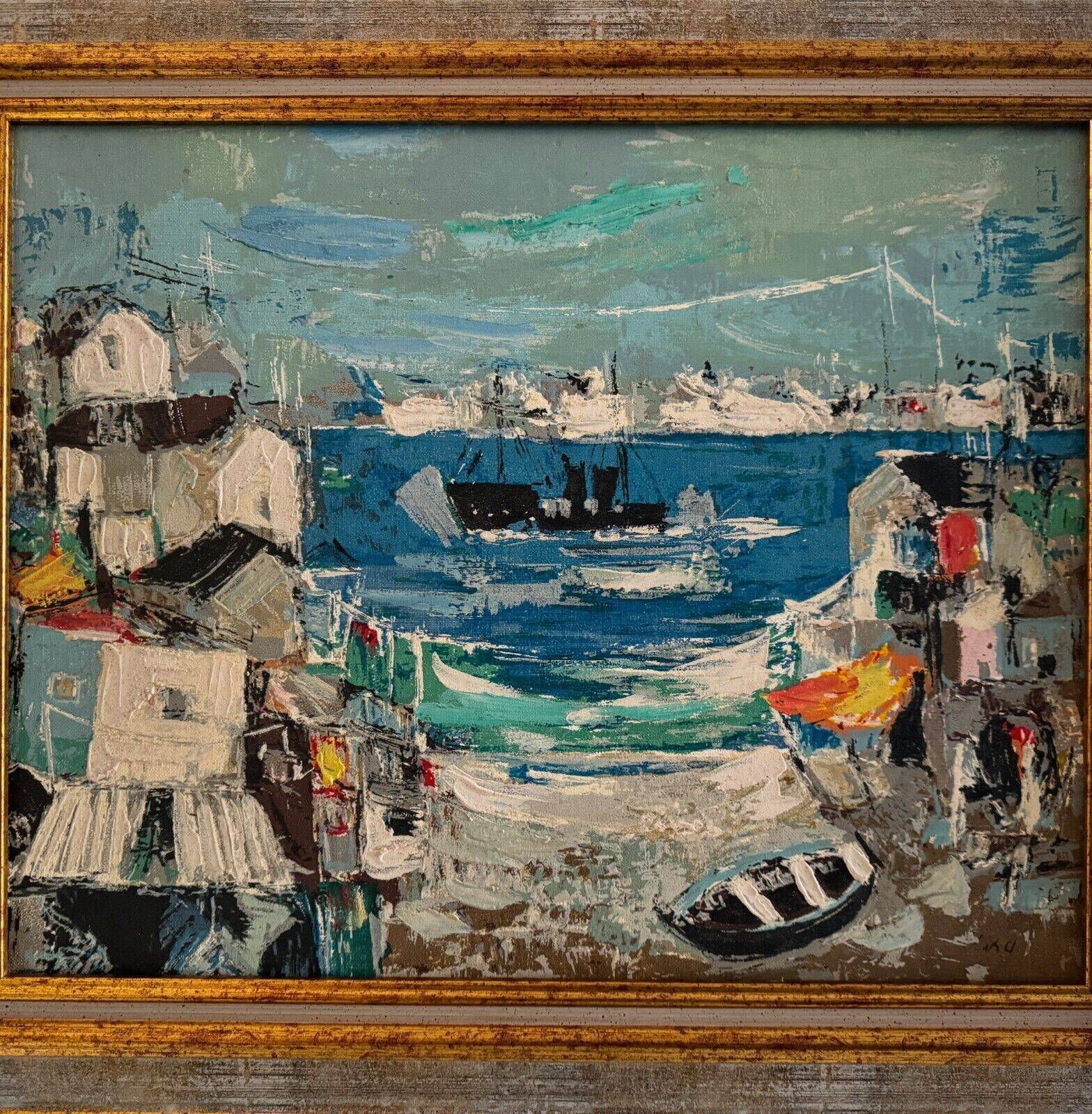 Oil on 20th century panel representing a fishing port by S. Margarit