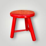 Tabouret vintage, porte-plante tripode en bois laqué rouge