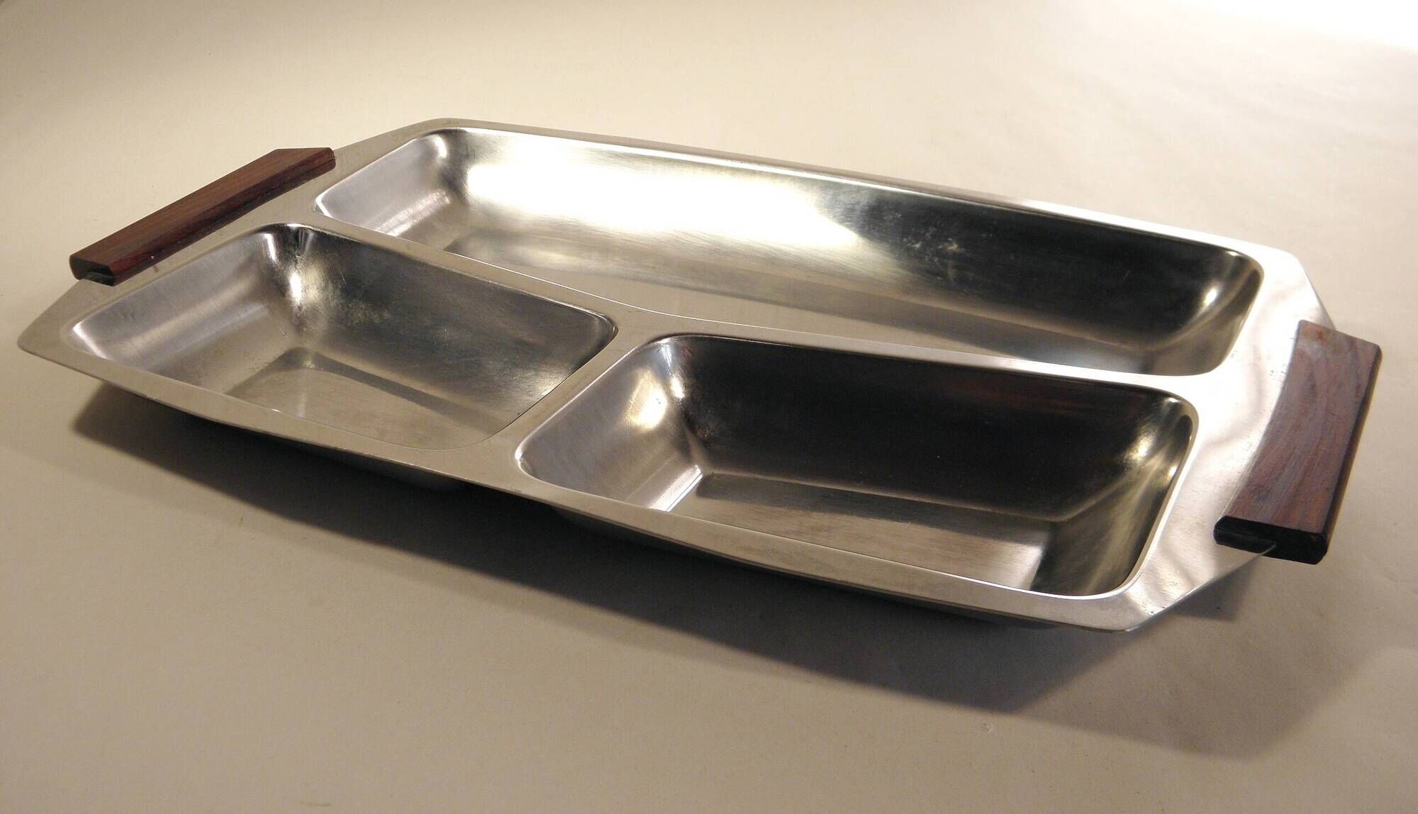 Set of 4 stainless steel and wood trays from the 70s