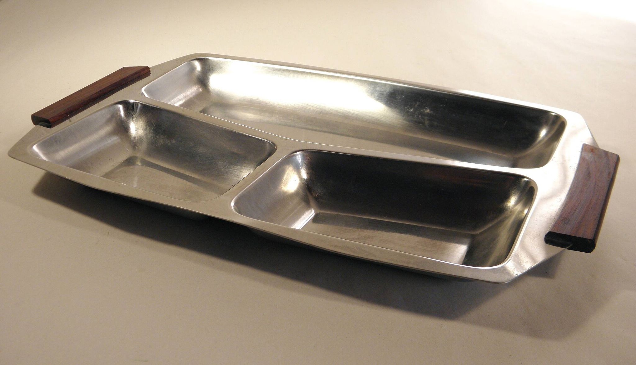 Set of 4 stainless steel and wood trays from the 70s