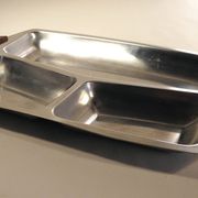 Set of 4 stainless steel and wood trays from the 70s