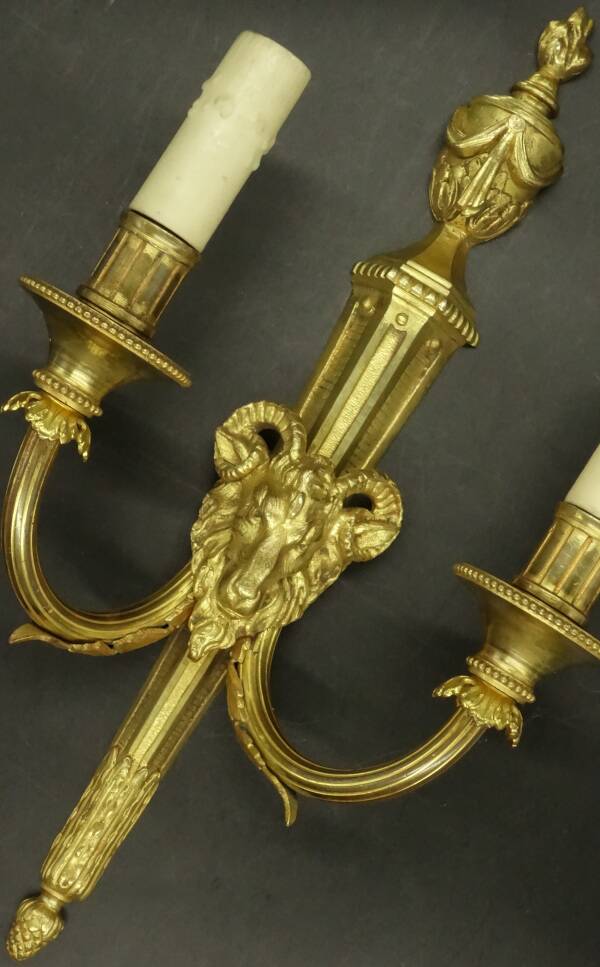 Large Louis XVI style ram's head and urn wall lamp - gilded bronze
