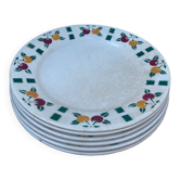6 flat plates in white Gien ceramic with fruit patterns