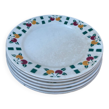 6 flat plates in white Gien ceramic with fruit patterns