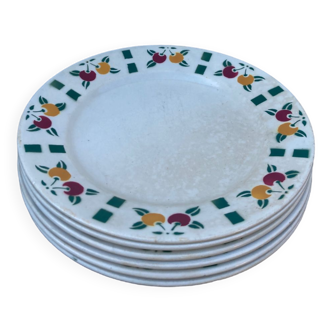 6 flat ceramic plates Gien white fruit motifs