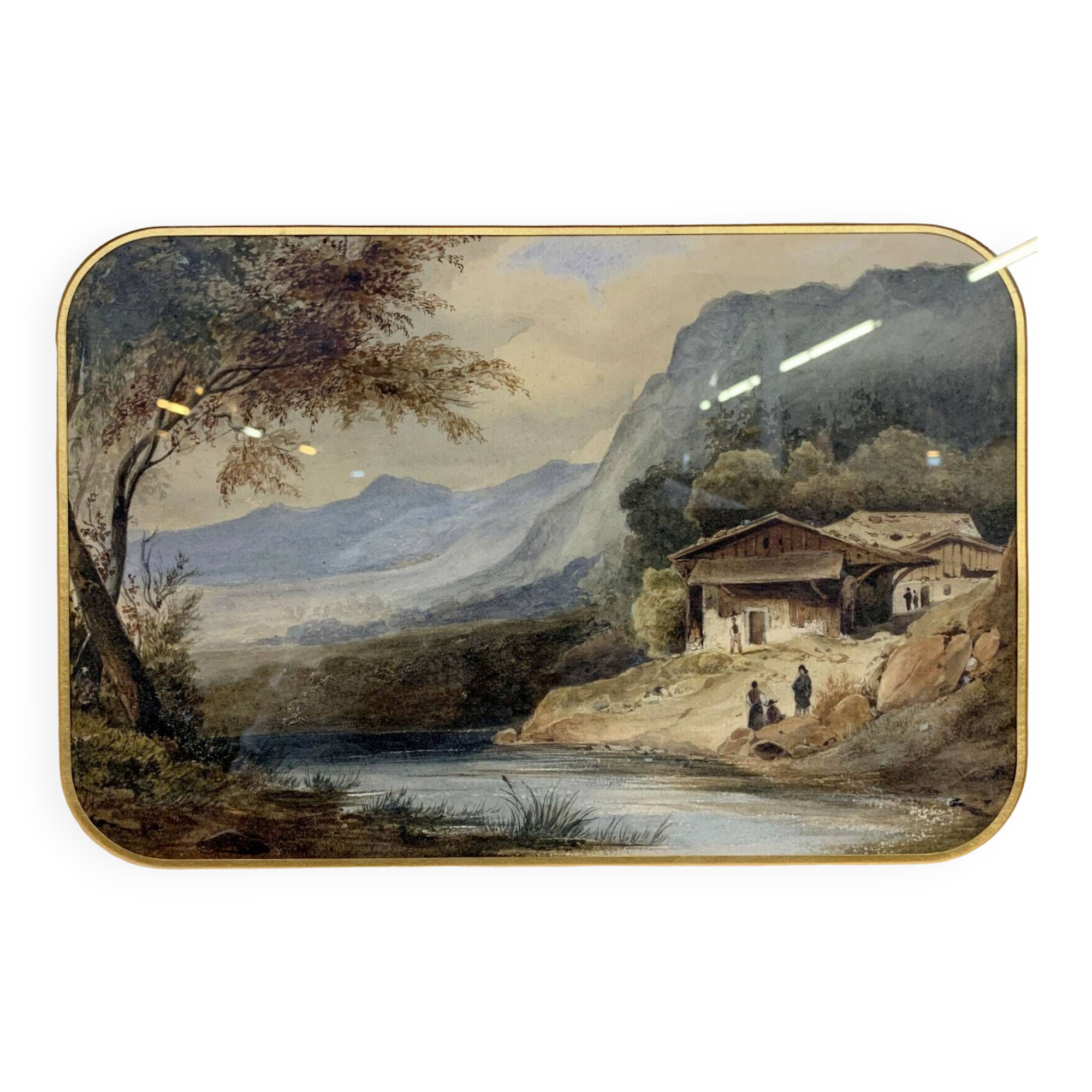 Swiss School from the beginning of the 20th century: watercolor depicting an animated landscape on the banks of a river