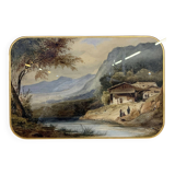 Swiss School from the beginning of the 20th century: watercolor depicting an animated landscape on the banks of a river