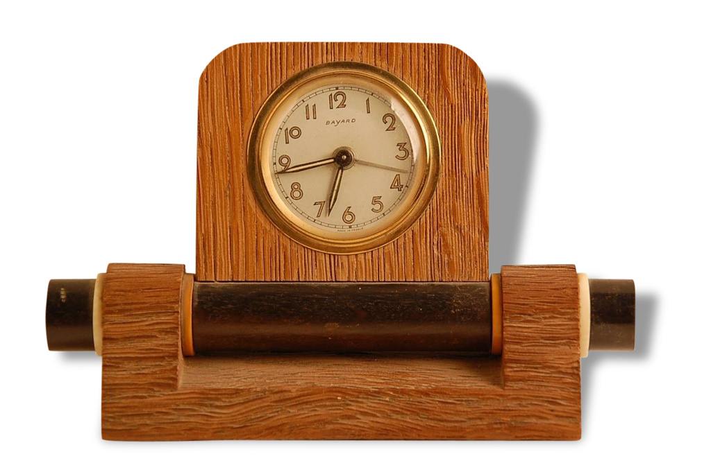 Réveil Moderniste BAYARD Art Déco - France, Mécanique, Bois Laiton Et Cuir, Années 50