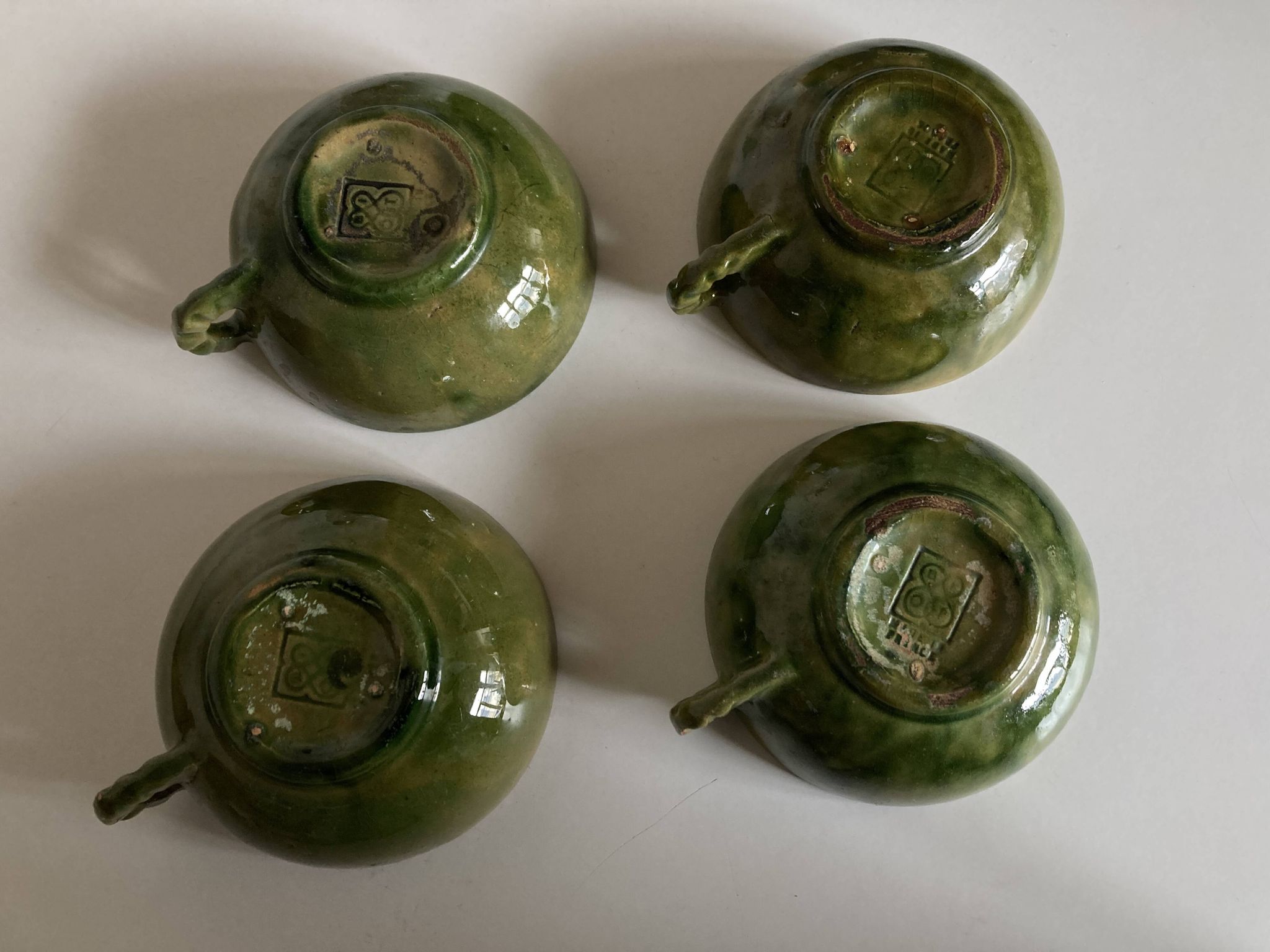 4 green glazed earthenware bowls with handles from Biot, 1960