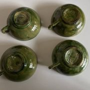 4 green glazed earthenware bowls with handles from Biot, 1960