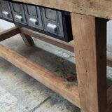 Old oak workbench console with metal drawers