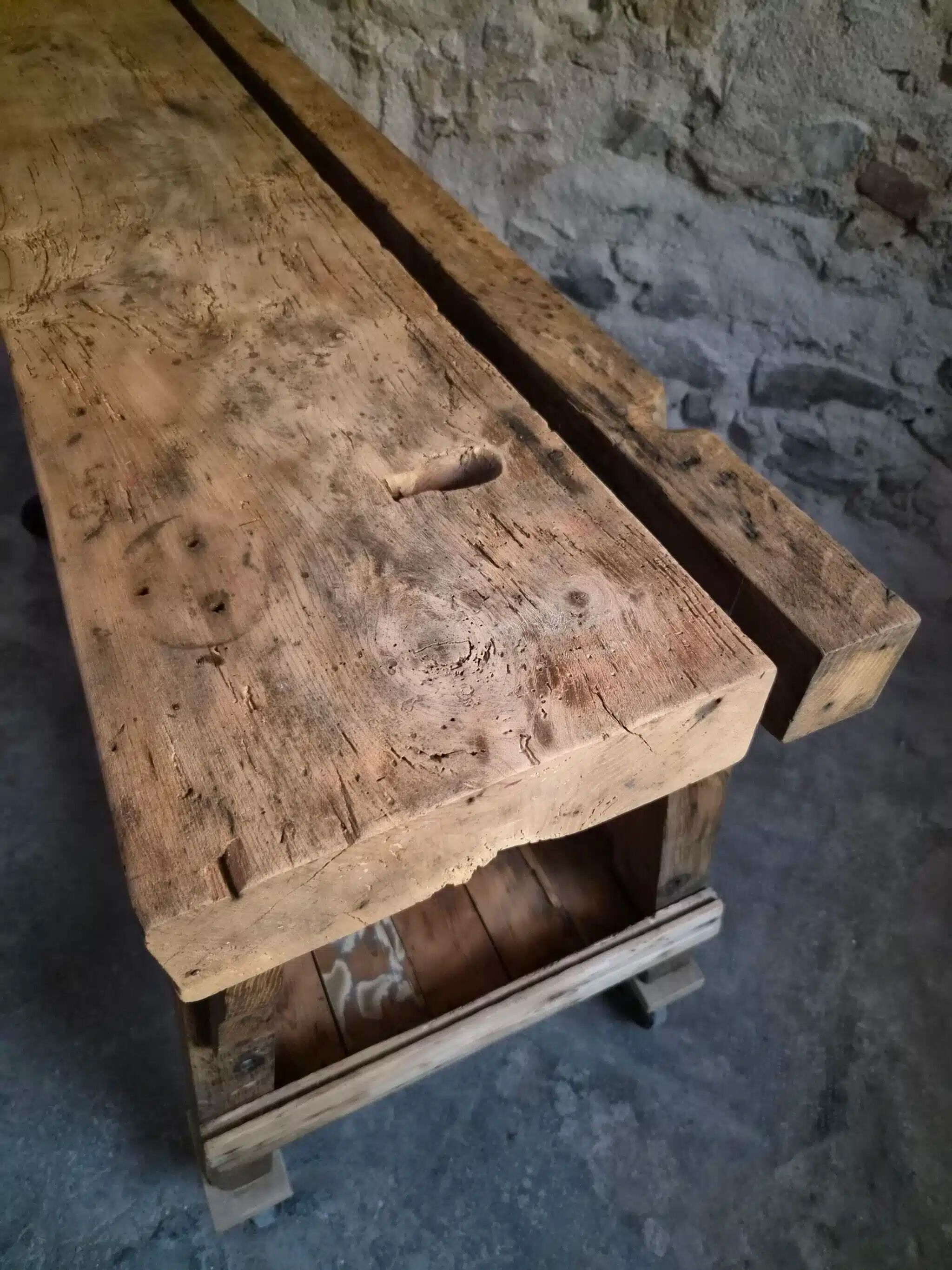 French industrial kitchen island, antique work table in chestnut and oak, circa 1900.