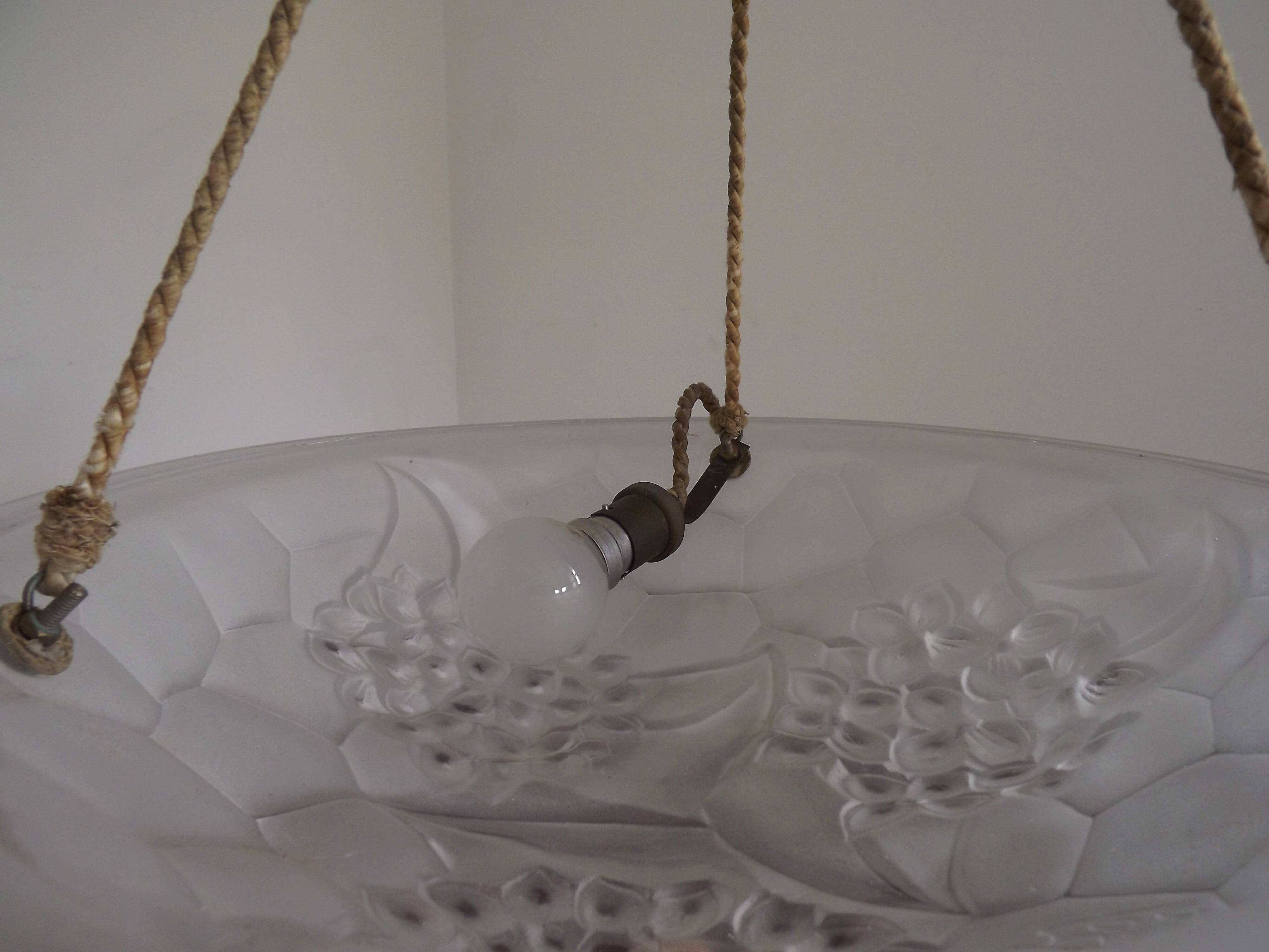 French Art Deco Ceiling Light ROS Degue Frosted Molded Glass Plafonnier