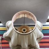 Vintage kostka lamp ceramic honey & gold + draped fabric shade burgundy