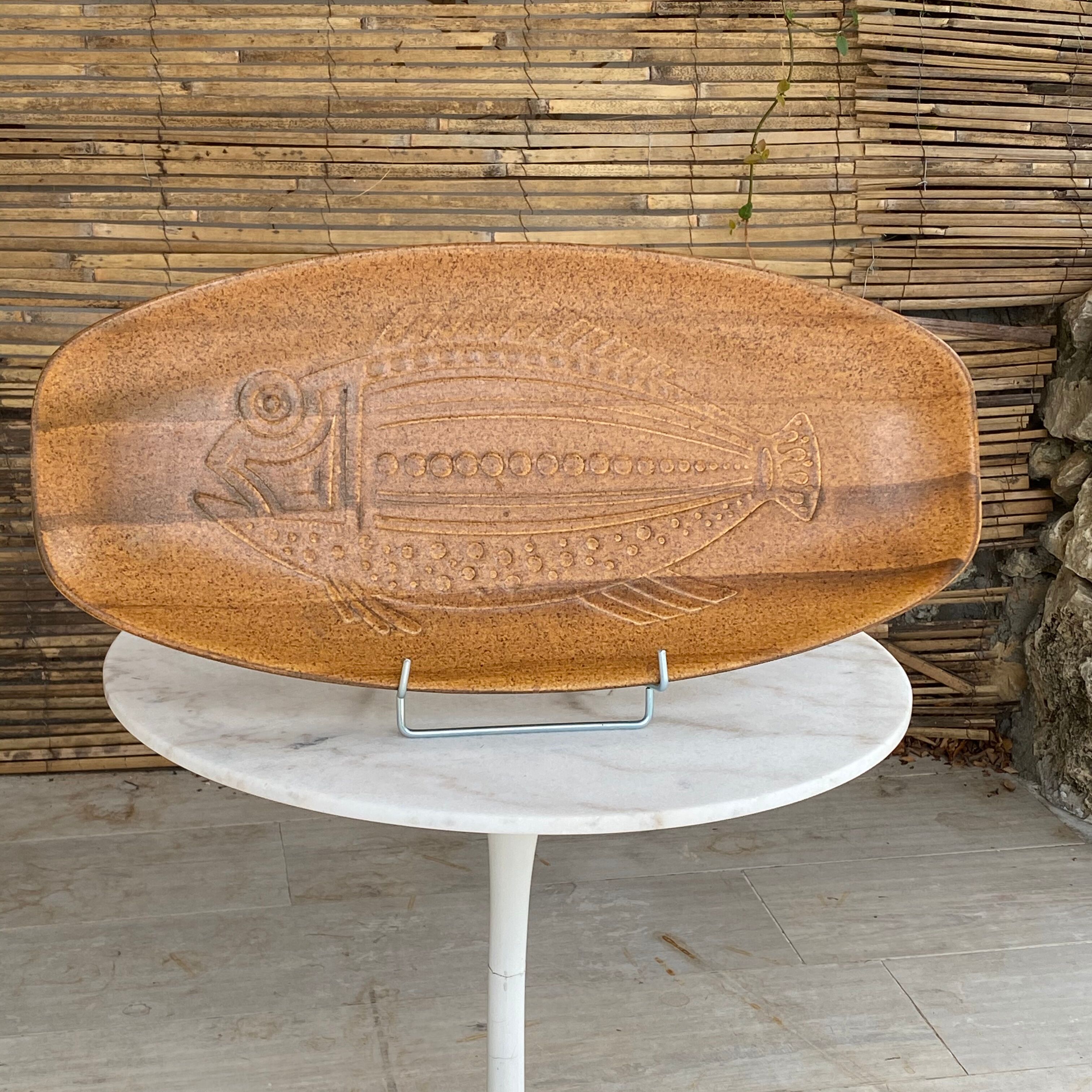 Sandstone dish, from France 1950, fish patterned, brown