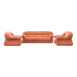 Vintage living room, club style, composed of a 3-seater sofa and 2 armchairs, 1970s