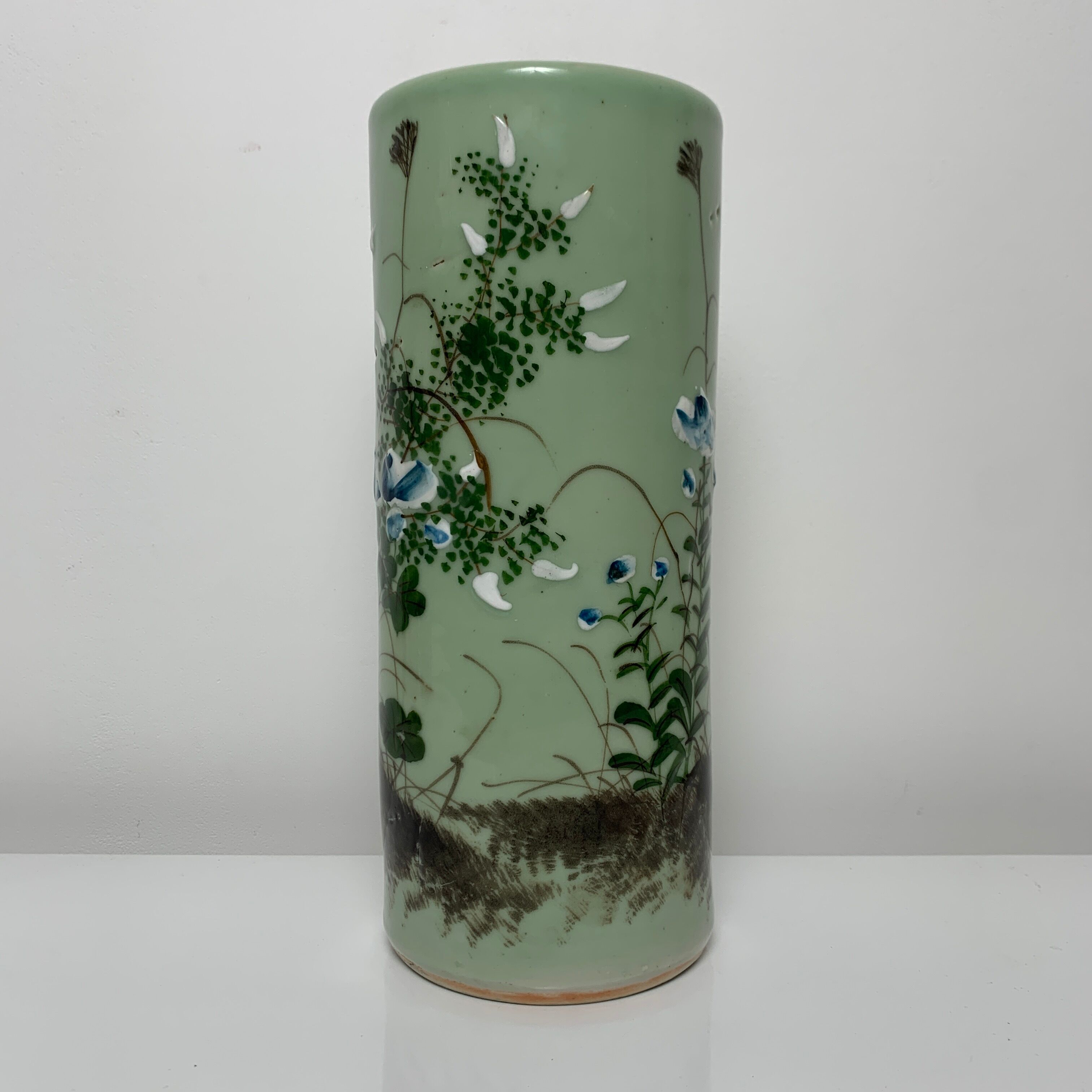 Ancient Japanese roll vase Celadon Seto 19th flower decoration