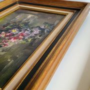 Still Life with Flower Bouquet Oil on Canvas Wooden Frame