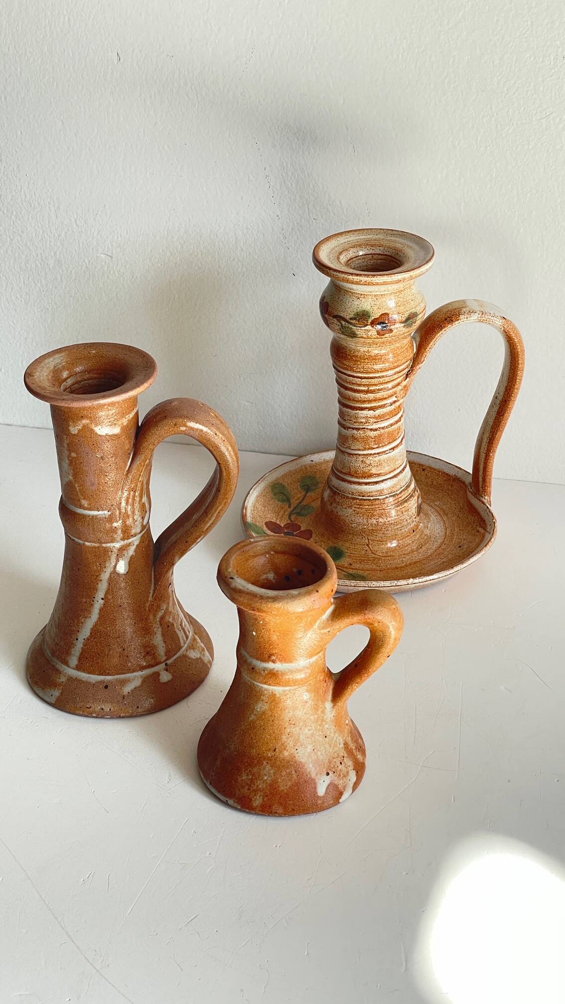 3 vintage handcrafted pottery candle holders
