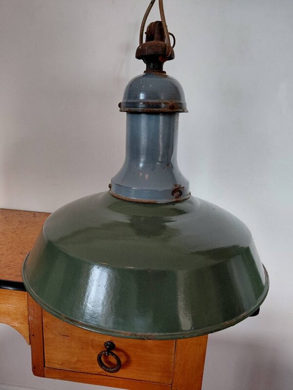 Lampe suspension Industrielle en E mail bleu et vert