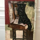 Oil painting on canvas Still life chair signed 50s
