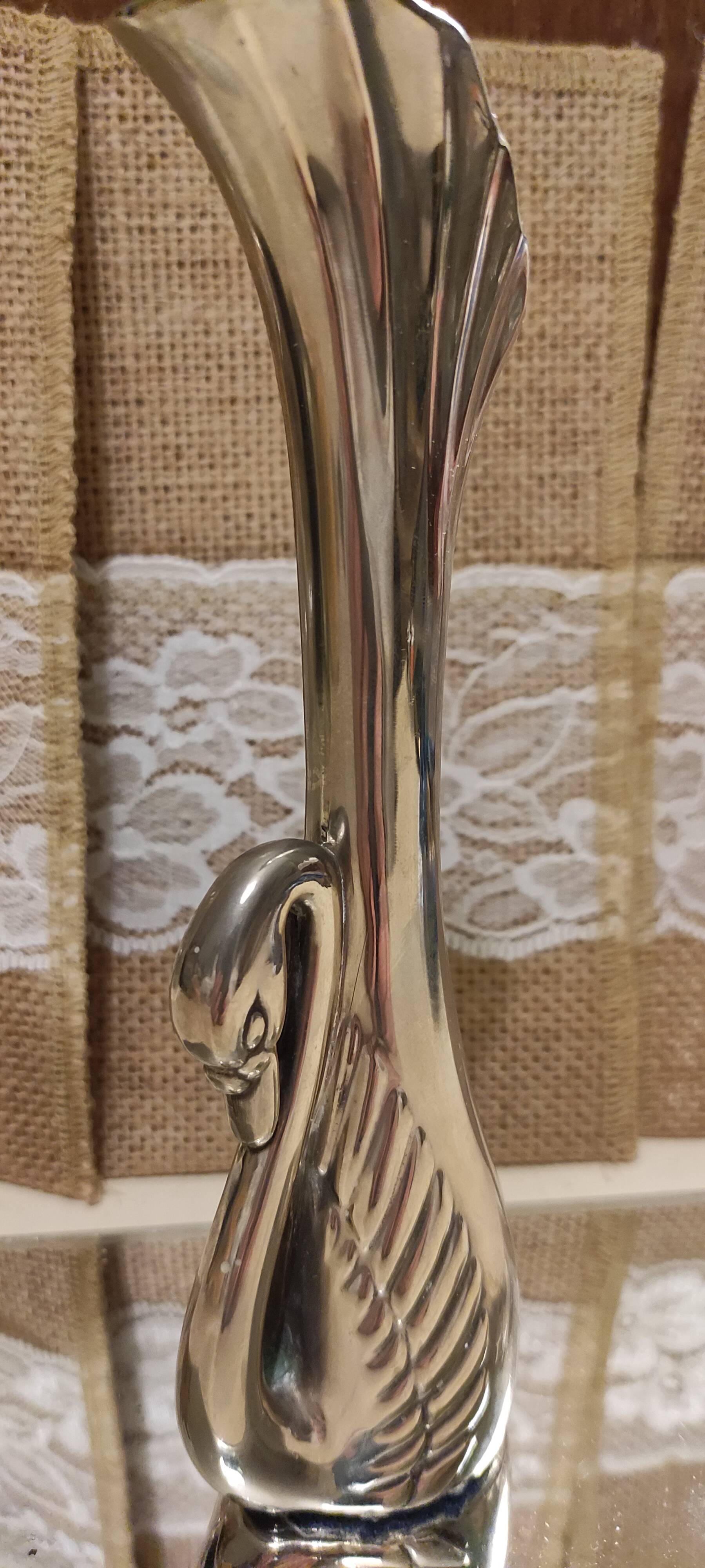 Vintage silver metal swan vase