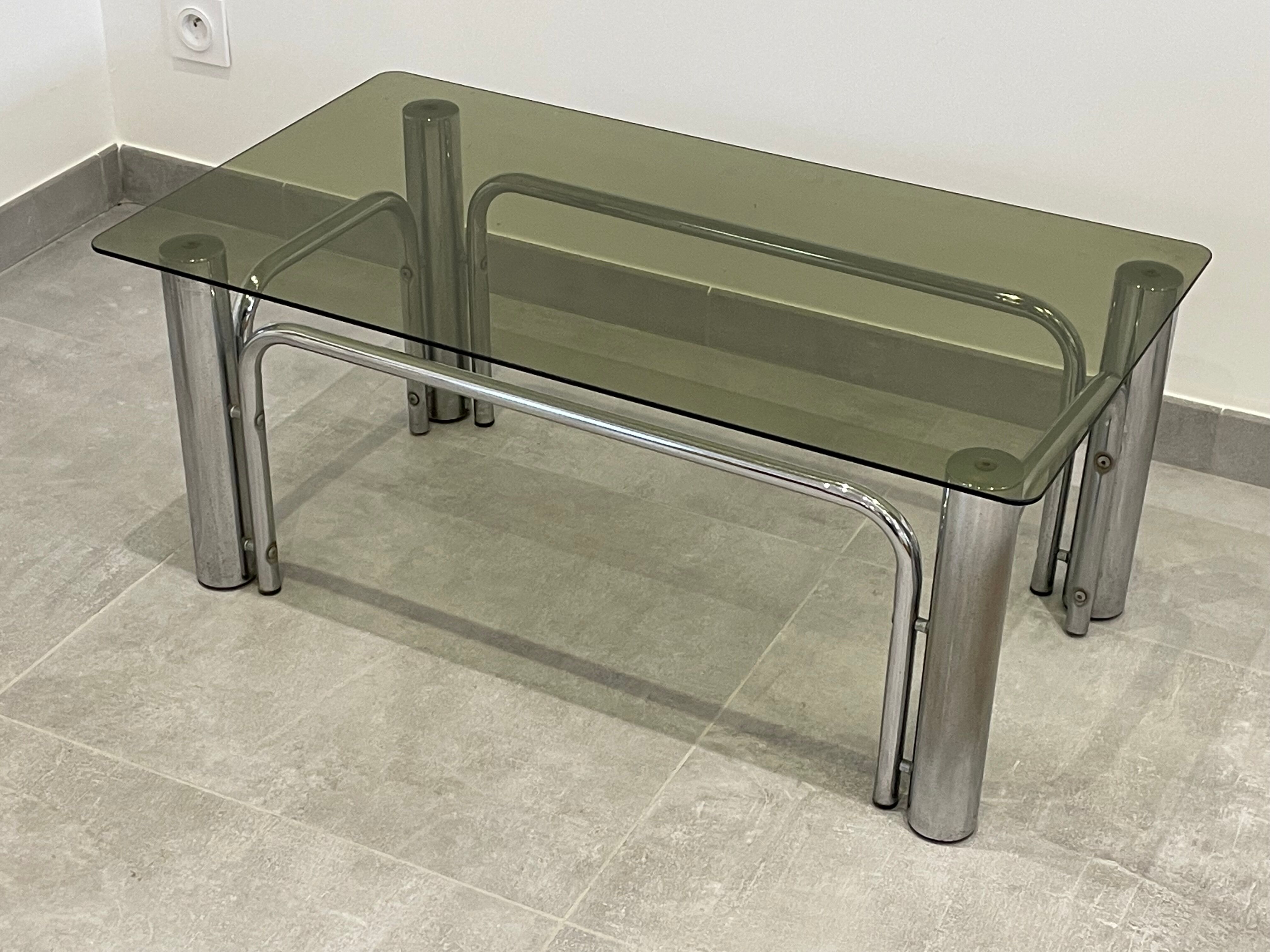 Table basse inox et verre fumé design 1970/80