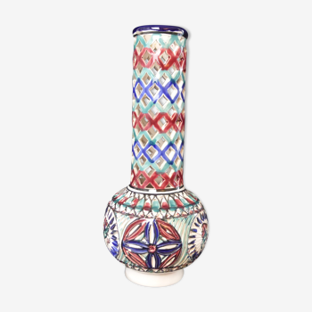 Vase vintage en céramique polychrome décor stylisé col long ajouré-32cm