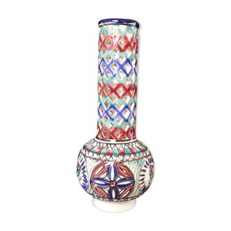Vintage vase in polychrome ceramic stylized decoration long openwork collar-32cm
