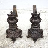 Vintage fireplace andirons, pair of cast iron Bacchus head andirons, fireplace accessories