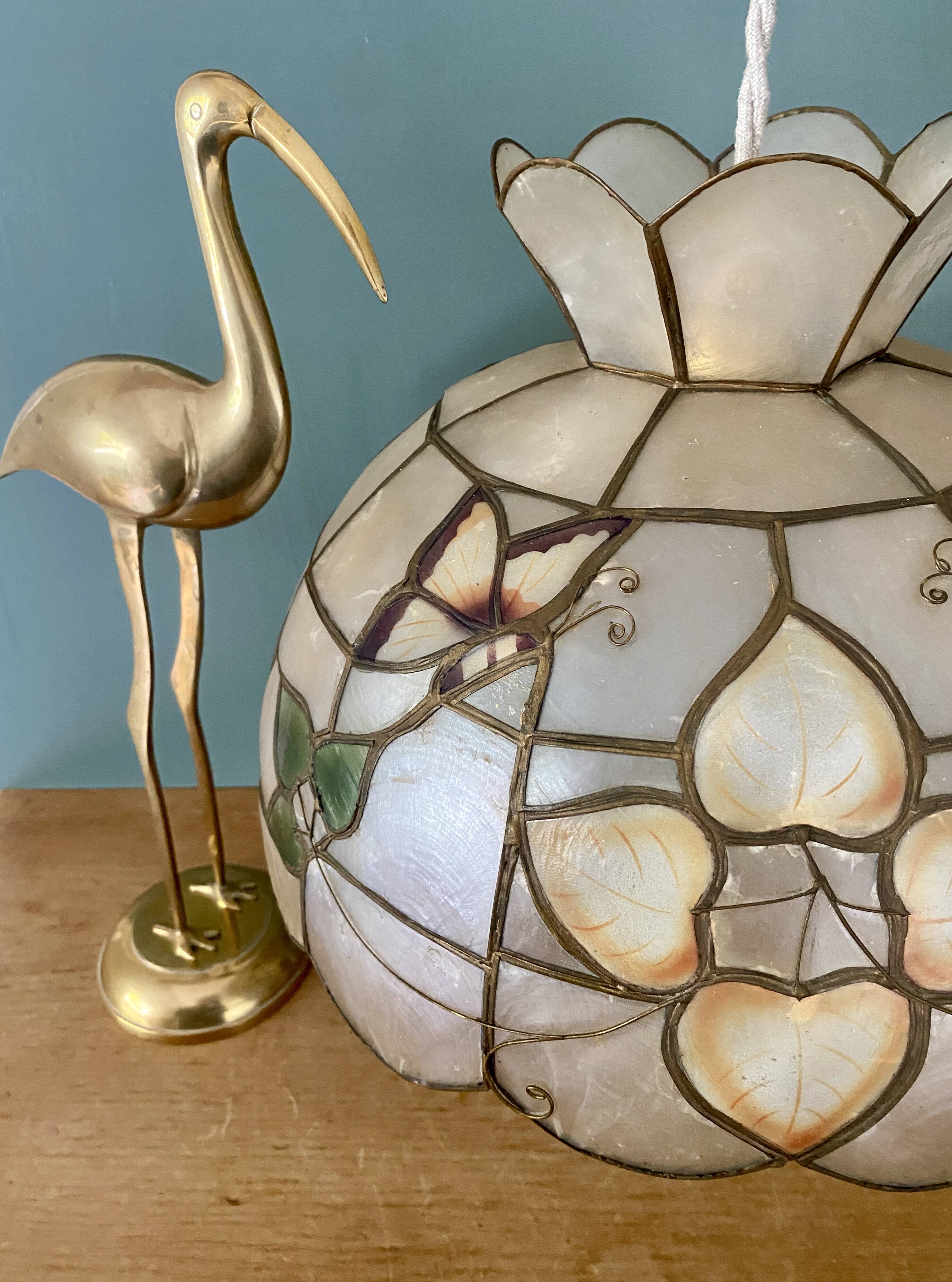 Vintage mother-of-pearl and brass lampshade pendant with flower and butterfly decorations