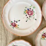 6 Plates and Dish with painted flowers Manufacture de Longchamp Model Monaco 1960s