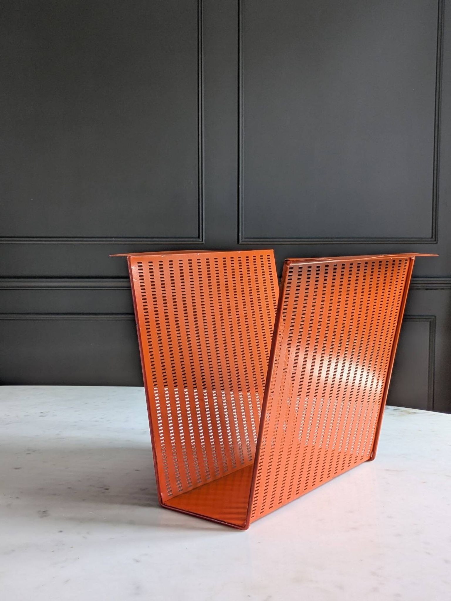 Vintage metal magazine rack in perforated orange/Mathieu Mategot style/70s