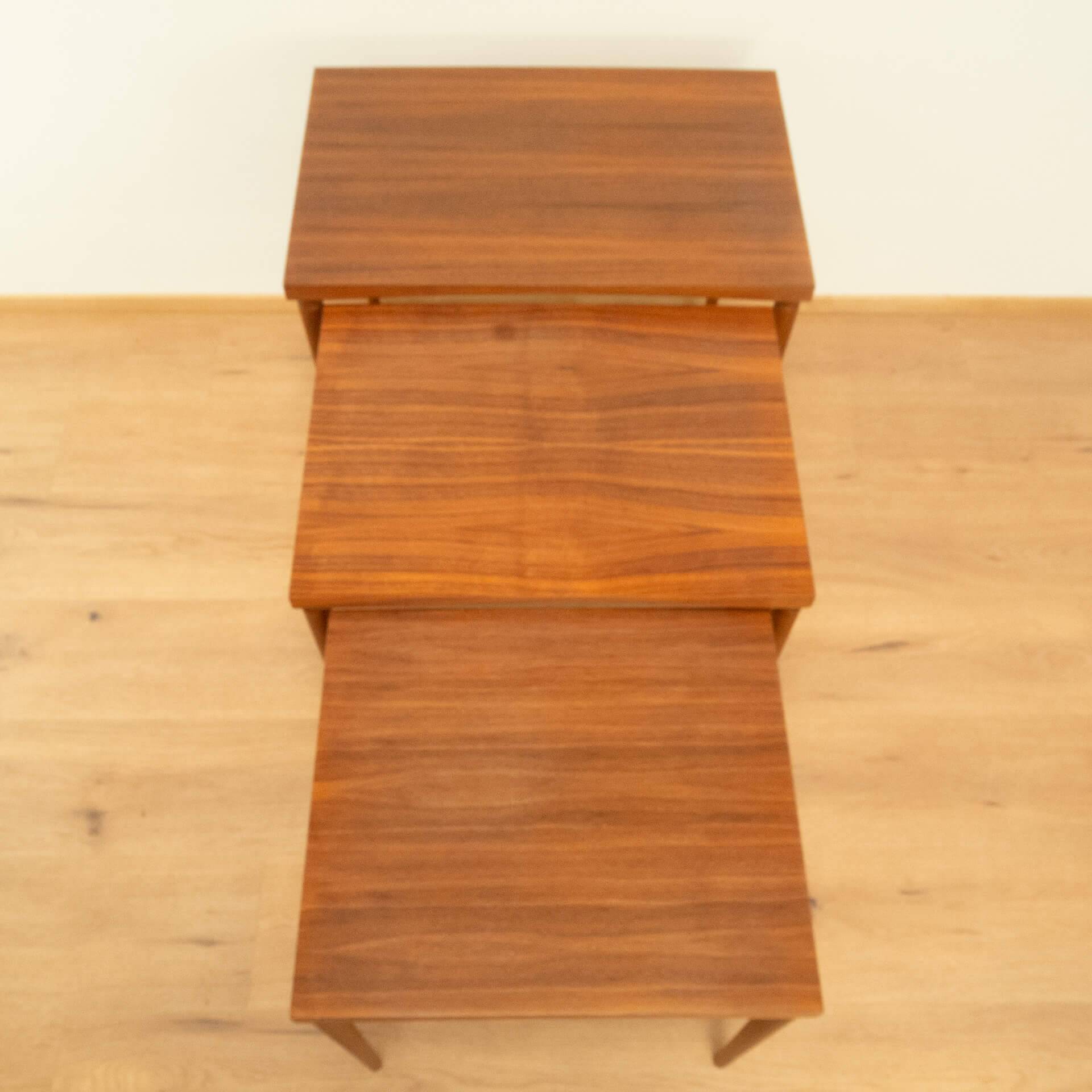 Set of 3 nesting tables, walnut with beech, vintage from the 60s
