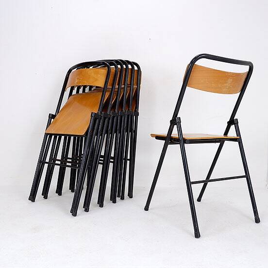 Vintage Set of 7 folding chairs in metal and wood - 1960s