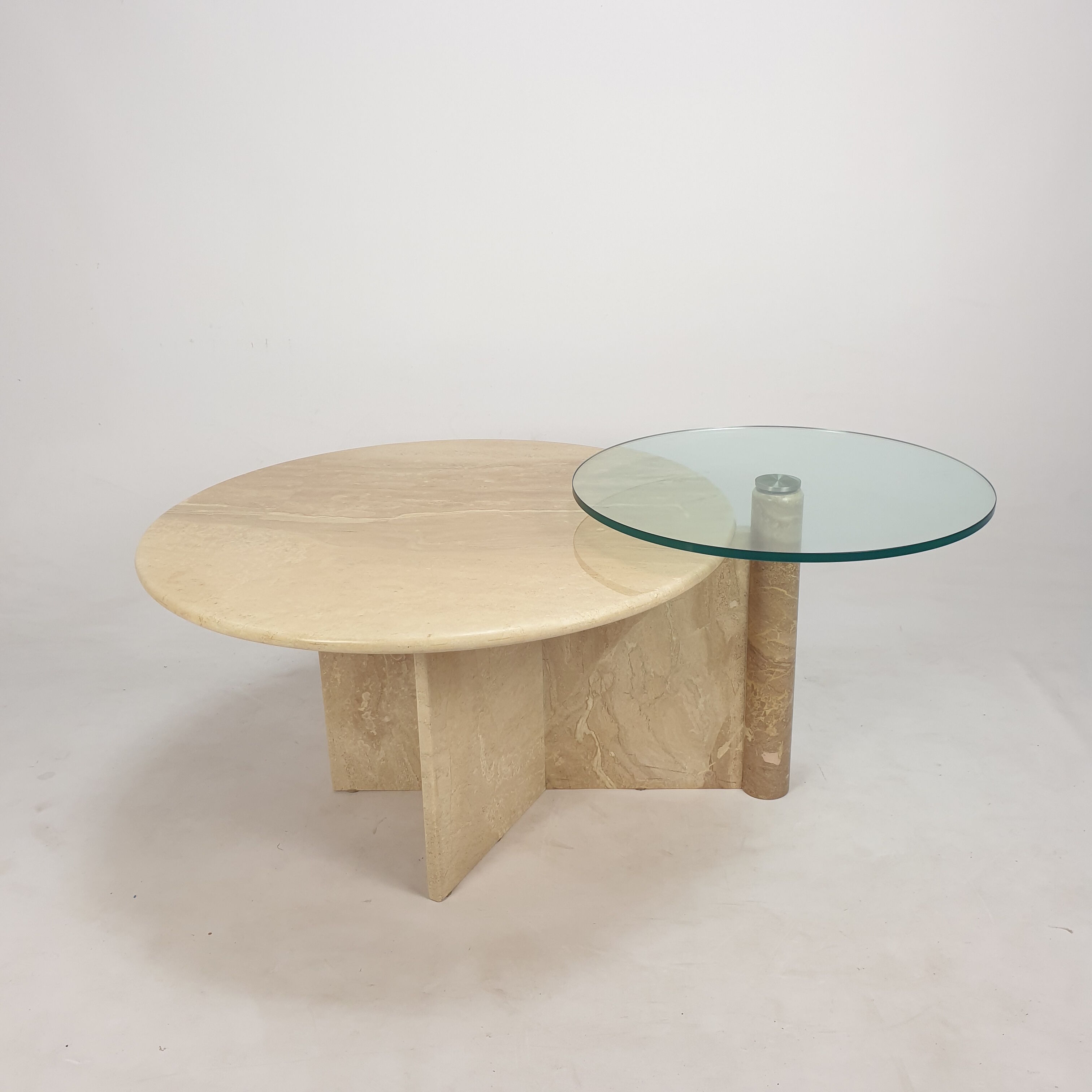 Italian travertine and glass coffee table, 1980