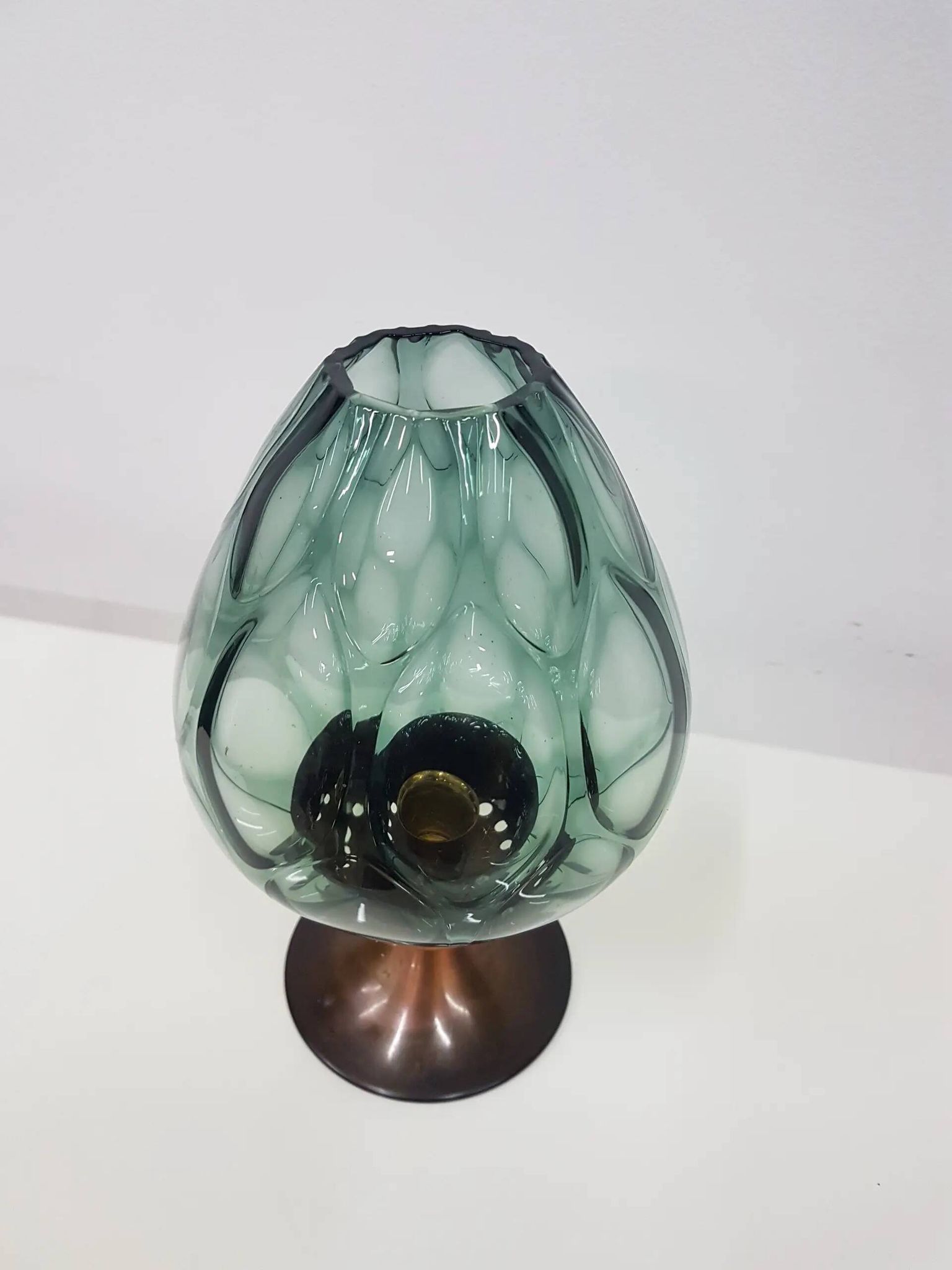 Candlestick, gold-tone brass, clear greenish glass, Austria, 1960s.