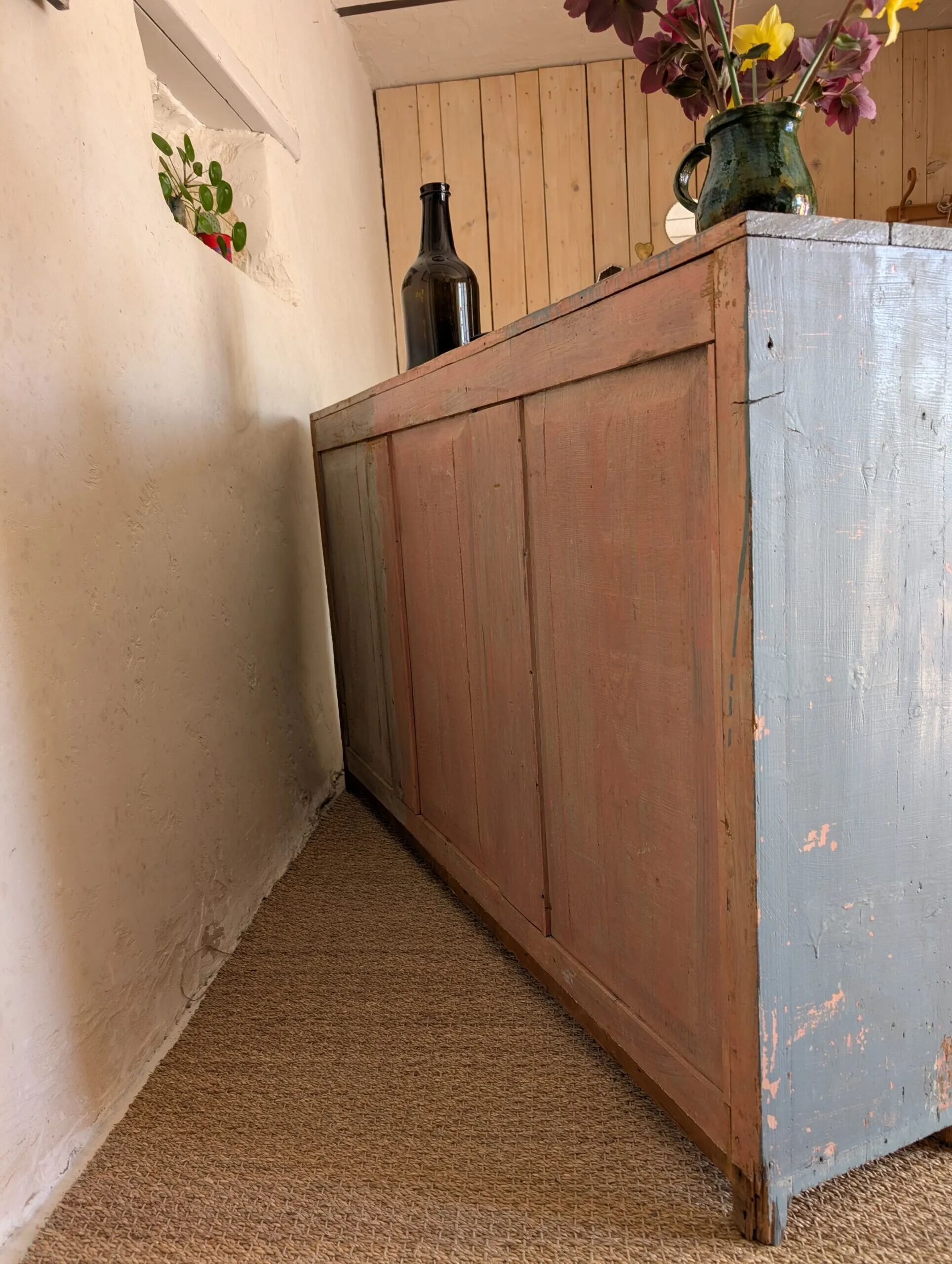 Glazed enfilade antique workbench – blue patina